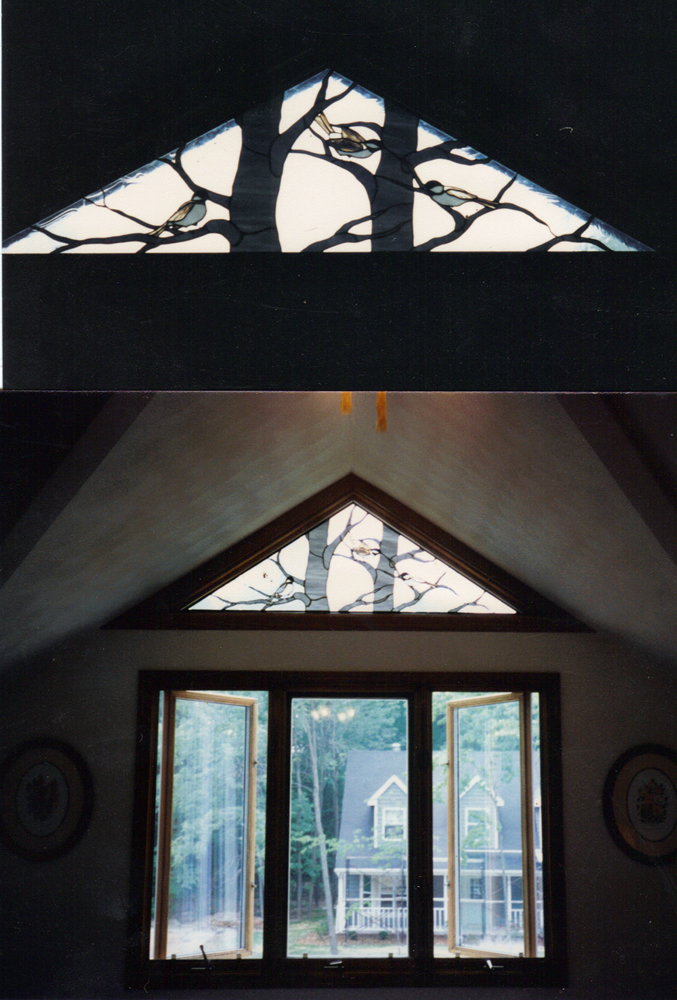 Custom Ordered Chickadee Triangle Transom Stain Glass Window for Appleton Wisconsin Residence