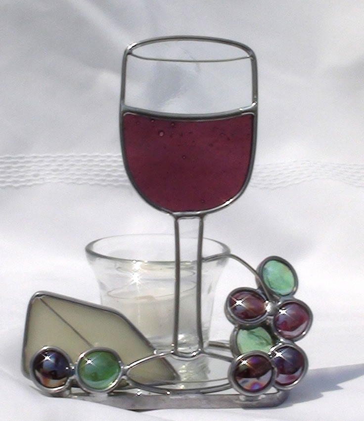 Amethyst Wine in glass with cheese and grapes candle holder stained glass art.