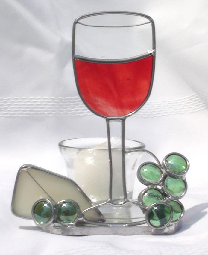 Burgundy wine in glass with cheese and grapes stained glass art candle holder.