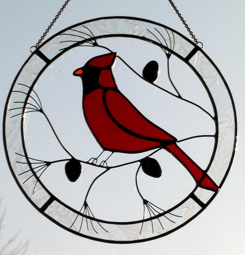 Cardinal Redbird in Suncatcher Circle on Pine Branch.