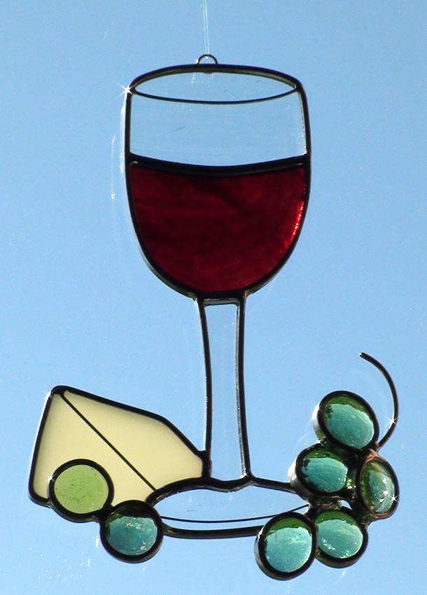 Burgundy Wine in a glass with cheese and green grapes Stained Glass Art Suncatcher