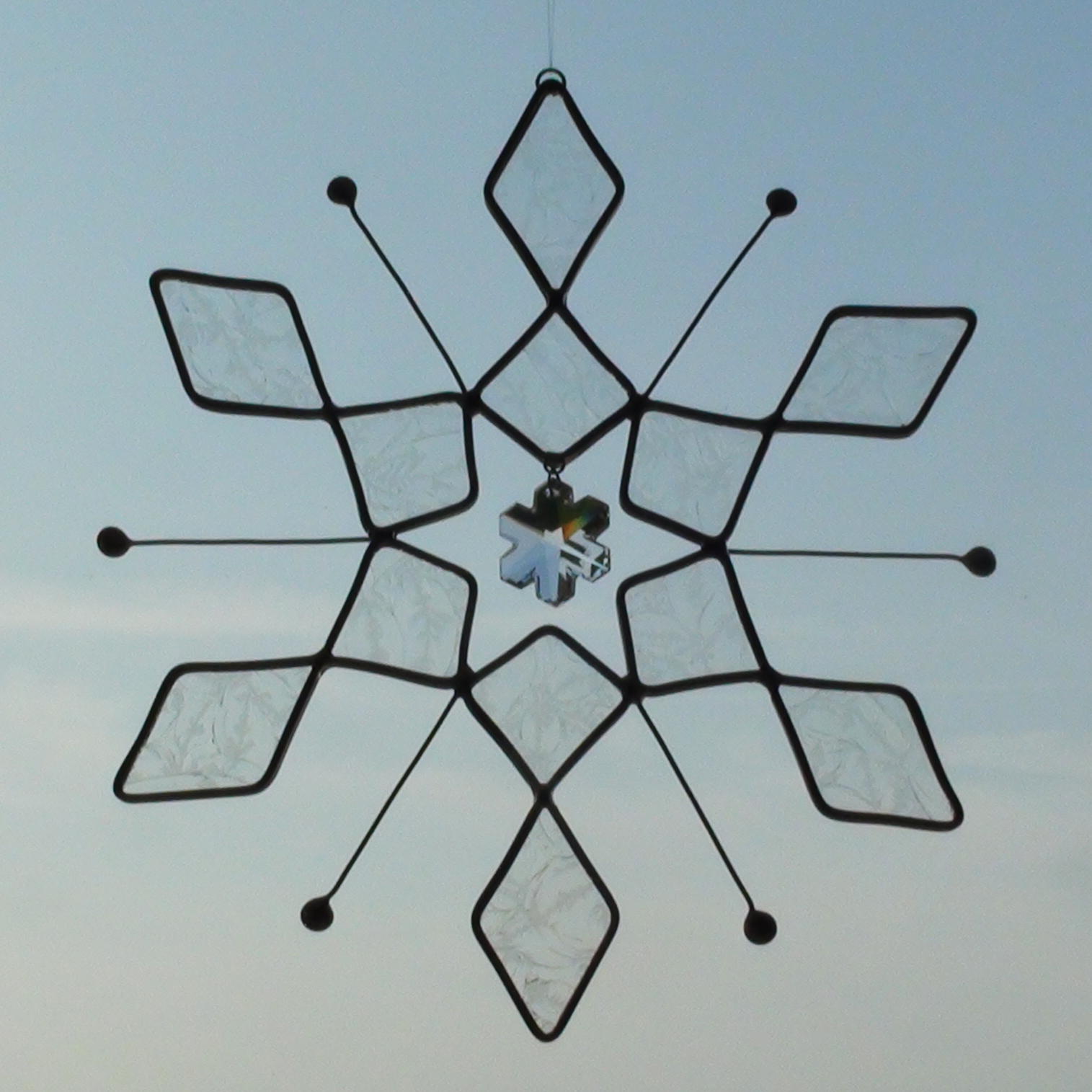 Extra Large Stained Glass Suncatcher made from Glue Chip Snowflake Design with Crystal center