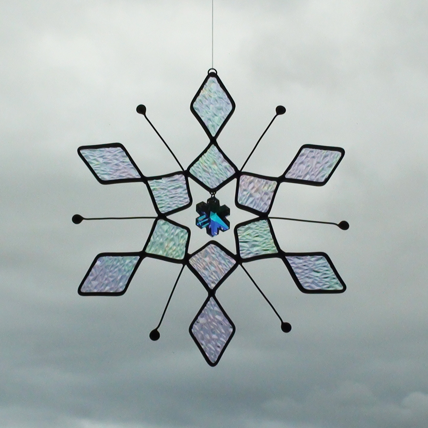 Extra Large Iridescent Stained Glass Snowflake Suncatcher with Crystal in center