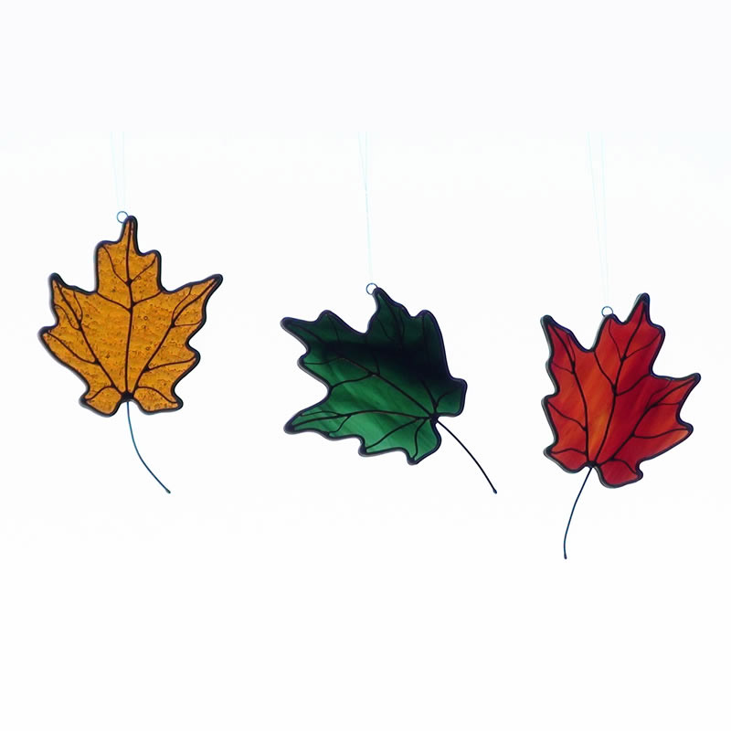 Red, Green, and Orangish Red Maple Leaves Stained Glass Art Designs