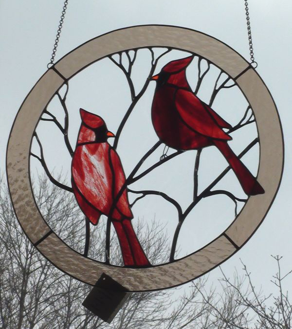 Large Double Cardinal Red Birds Suncatcher Circle for Window