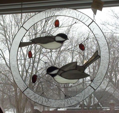 Large Double Chickadee Birds in Stained Glass Circle Suncatcher