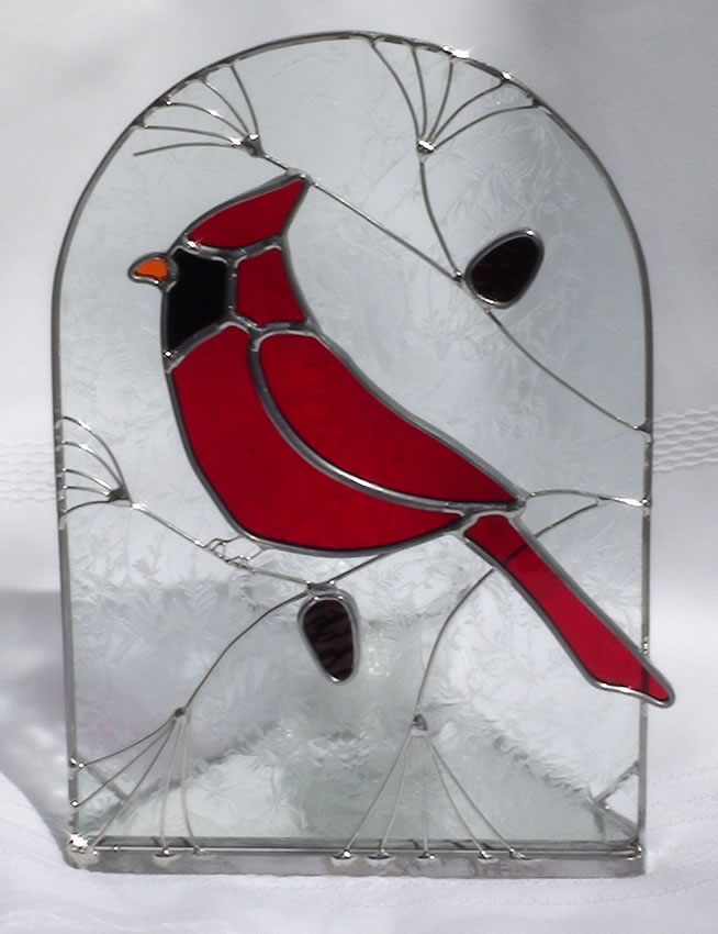 Red Cardinal Bird Stained Glass Candle Holder.